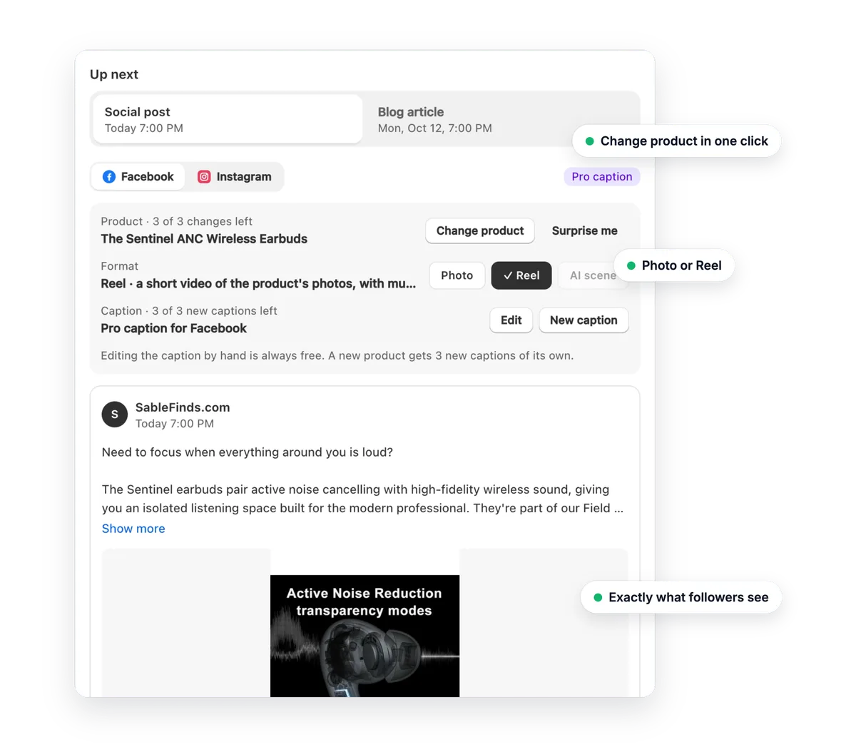AutoAgent's Up next: the next post with Change product, Photo or Reel and Edit caption