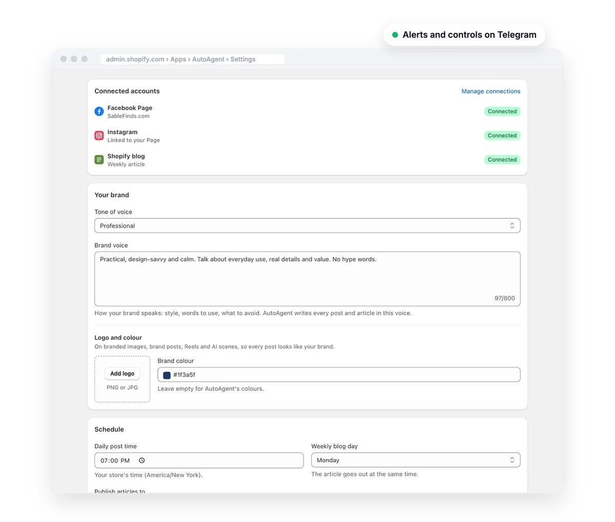 AutoAgent settings: connected accounts, tone, brand voice, colour and schedule